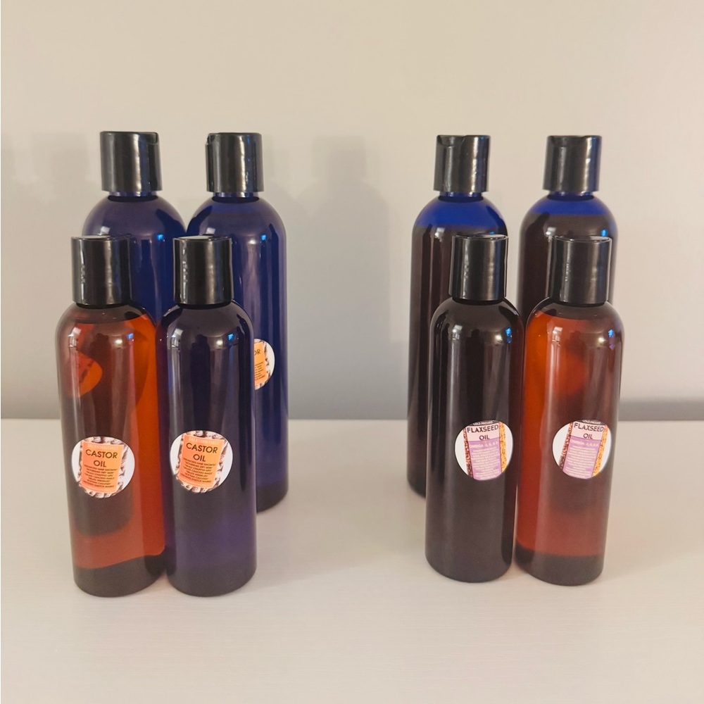 Set of Castor Oil Bottles in Blue and Brown